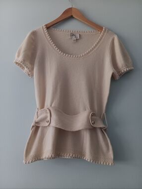Milly Cream 100% Cashmere Belted Knit Sweater Short Sleeve Fitted Luxury Top M